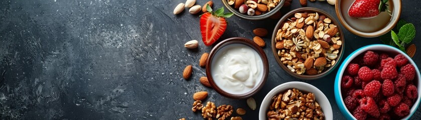A cozy kitchen scene with a variety of healthy snacks, like nuts, fruits, and yogurt, ready for a day of mindful eating