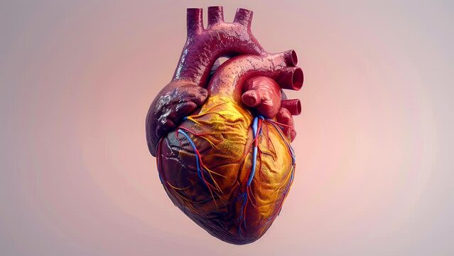 Highly detailed anatomical rendering of a human heart with realistic textures and vibrant colors
