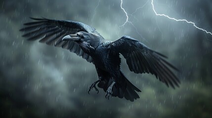 Fototapeta premium Dark raven flying through an ominous stormy sky, with lightning illuminating its wings, symbolizing mystery and danger. Illustration, Minimalism,