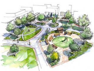 Artistic hand-drawn sketch of a landscape architecture plan, great as a wallpaper or background for design and planning themes