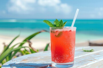 Photo of watermelon juice in a glass with watermelon slice , on the beach , Generative AI