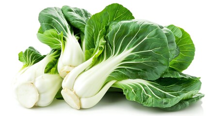 An assortment of Bok Choy leaves and stalks, showcasing bright green and white colors and health benefits, isolated white background, perfect for dietary concepts