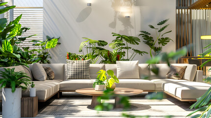Modern interior of open space with design modular sofa furniture wooden coffee tables plaid pillows tropical plants and elegant personal accessories in stylish home decor Neutral livin : Generative AI