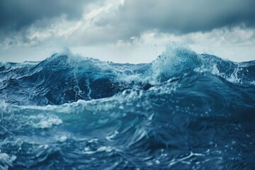 Blue Ocean Waves. Close-up Seascape of Atlantic Ocean Under Cloudy Sky