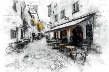  Abstract black and white architectural sketch of a serene beach with umbrellas and sunbathers, high resolution
