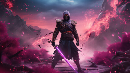 Vengeful Ninja with Dual Flaming Swords in a Burning Battlefield