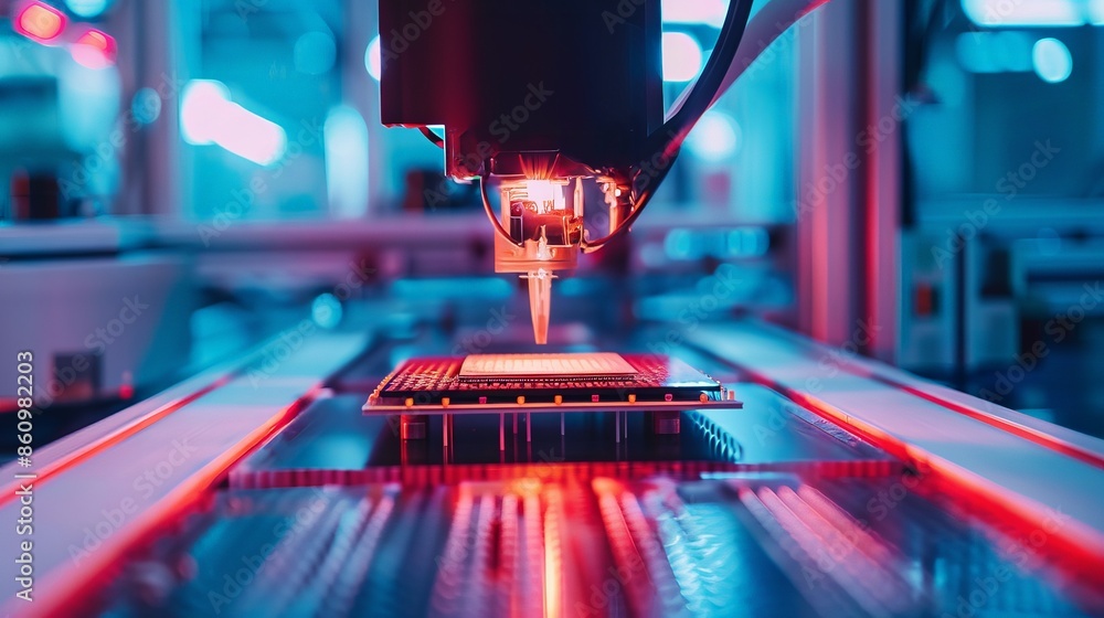 Poster close-up of advanced automated machinery in a modern technology factory, showcasing precision engine
