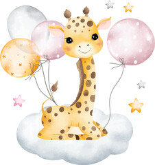Watercolor Illustration Giraffe and Balloons Sits on Cloud