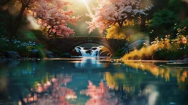 Stone bridge with river and beautiful grass, in smooth looping background with 4K video animation.