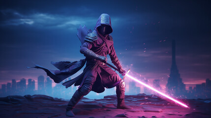 Futuristic Ninja Warrior Stands Ready with Glowing Sword in Cyber Cityscape
