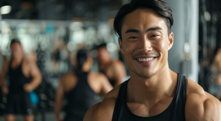 Naklejka premium young male Asian fitness instructor as he poses in an indoor gym fitness center. His happiness reflects the passion and dedication he brings to his role.