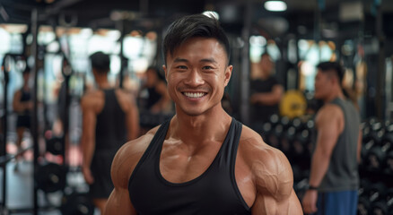 Fototapeta premium young male Asian fitness instructor as he poses in an indoor gym fitness center. His happiness reflects the passion and dedication he brings to his role.
