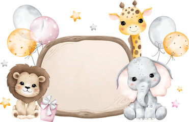 Watercolor Illustration Safari Animals and Wooden Board with Balloons