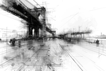 Fototapeta premium Abstract black and white architectural sketch of a serene countryside with rolling hills and farms, high resolution.