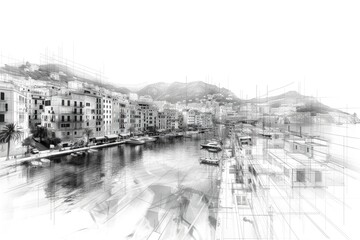  Abstract black and white architectural sketch of a coastal city with a marina and boats, high resolution