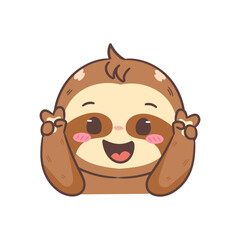 Cute Sloth Posing Peace Hand Sign Cartoon Character. Adorable and Kawaii Animal Concept Design. Icon Mascot Vector Illustration