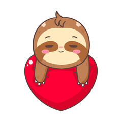 Cute Sloth with Big Love Hearth Cartoon Character. Adorable and Kawaii Animal Concept Design. Icon Mascot Vector Illustration
