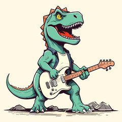 Dino Rock Vintage Dinosaur Guitarist Illustration