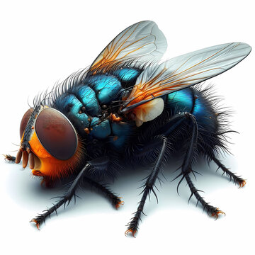 A blue bottle fly is dead, while an orange-bearded bottlebee, Calliphora vomitoria, is isolated on a white surface.