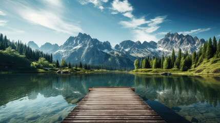 The photo shows a beautiful mountain lake with a dock jutting out into the water