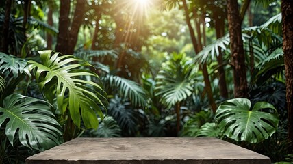 Fototapeta premium Wood tabletop podium floor in outdoors tropical garden forest blurred green leaf plant nature background.Natural product placement pedestal