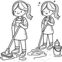 Women kids Cleaning Concept Cartoon Style Vector Illustration line art black and white generated by...
