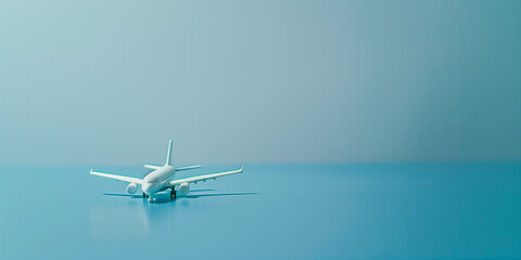 Naklejka premium Miniatur-Spielzeugflugzeug auf unifar Hintergrund mit Raum für Text Sommerurlaub mit dem Flugzeug. Reisebüro-Banner-Design-Vorlage, Banner- oder Header-Modell