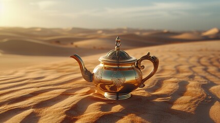 Oriental gold teapot lying on the sand in the desert dunes, Kettle on a Desert
