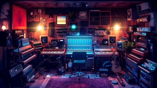 Cozy music studio with vintage equipment and synthesizers, animation background loop
