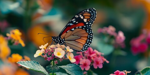 Fototapeta premium Butterfly Resting on Flower A vibrant butterfly captured in a full-body shot as it rests delicately on a colorful flower, highlighting its intricate wing patterns and natural beauty. 