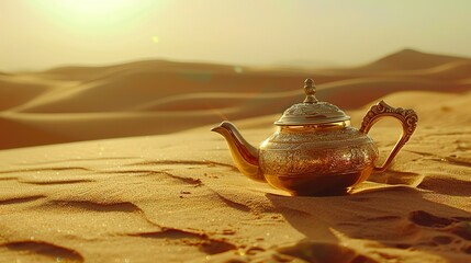 Oriental gold teapot lying on the sand in the desert dunes, Kettle on a Desert