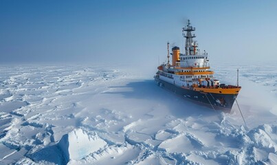An icebreaker ship navigating through thick ice near the North Pole under a clear blue sky