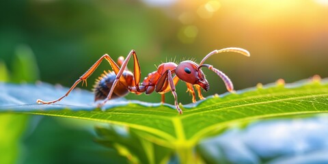 Naklejka premium An ant crawling on a leaf in a garden.