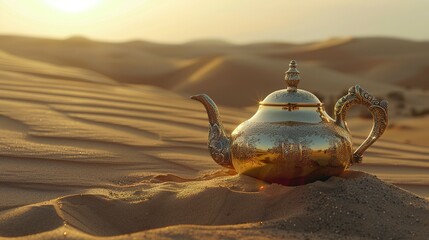Oriental gold teapot lying on the sand in the desert dunes, Kettle on a Desert