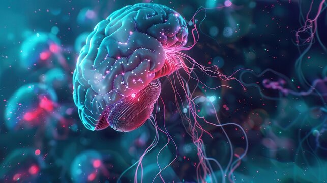Brain organoid connected to AI, advanced medical lab, glowing holograms, cybernetic theme, digital painting, high detail