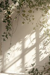 Green leaves plant hanging from above or climbing the wall decoration. Empty room with shadows of window and leaves. Studio backdrop for product, promotion sale, banner, presentation