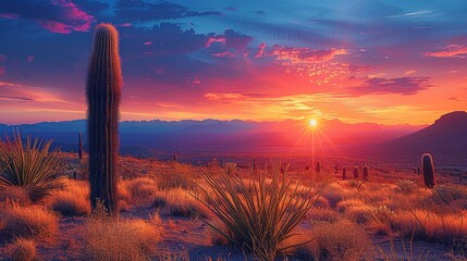 Towering Cereus cacti silhouetted against a fiery desert sunset, capturing the essence of arid beauty and resilience. Illustration, Minimalism,