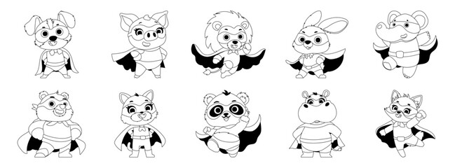 Black and white coloring page featuring adorable animal superheroes wearing capes and masks, perfect for kids' activities.