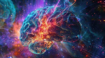 Obraz premium Brain organoid with visible neural activity, holographic background, scifi, digital painting, vibrant colors, hightech design