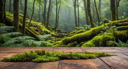  rustic wooden table and, in the background, a cloud forest blurred with nature, moss-covered trees, vegetation, and sky, to use as a background for products.