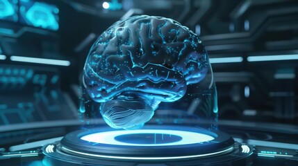 Closeup of a brain organoid in a futuristic biolab, holographic interface, neon lighting, hightech, 3D rendering, scientific accuracy