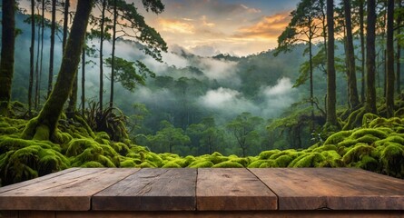 Fototapeta premium rustic wooden table and, in the background, a cloud forest blurred with nature, moss-covered trees, vegetation, and sky, to use as a background for products.