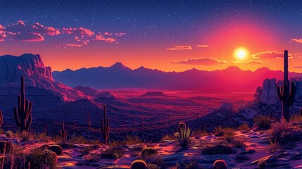 Towering Cereus cacti silhouetted against a fiery desert sunset, capturing the essence of arid beauty and resilience. Illustration, Minimalism,