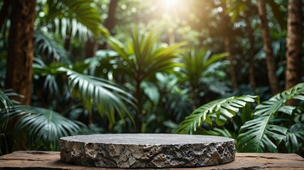 Fototapeta premium Wood tabletop podium floor in outdoors tropical garden forest blurred green leaf plant nature background.Natural product placement pedestal