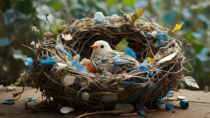 a bird's nest made of discarded plastic and waste materials, highlighting the impact of pollution on wildlife and ecosystems