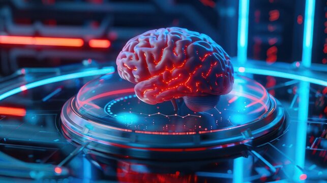 Closeup of a brain organoid in a futuristic biolab, holographic interface, neon lighting, hightech, 3D rendering, scientific accuracy