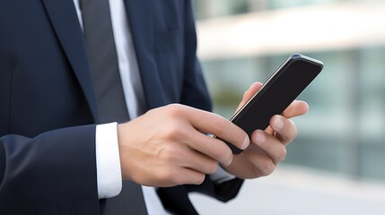 Business professional in suit using smartphone outdoor, close-up. Concept of technology and communication in modern business world.