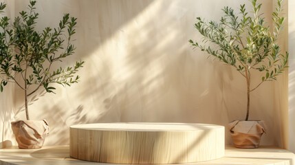 Natural podium platform and organic cloth with olive tree plant. Natural style for presentation display cosmetic products, Ads, banners, website, social media. Copy space
