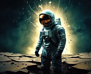 surreal alien futuristic astronaut lost on earth, on a cracked paper, extremely dynamic. 2