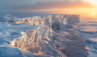 A majestic glacier at the North Pole, with cracks and crevices illuminated by the setting sun